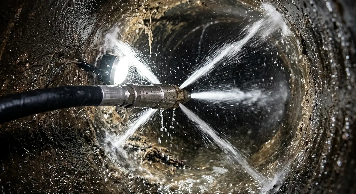 High-pressure hydro jetting nozzle cleaning sewer pipe for Sewer Cleanout in Ithaca