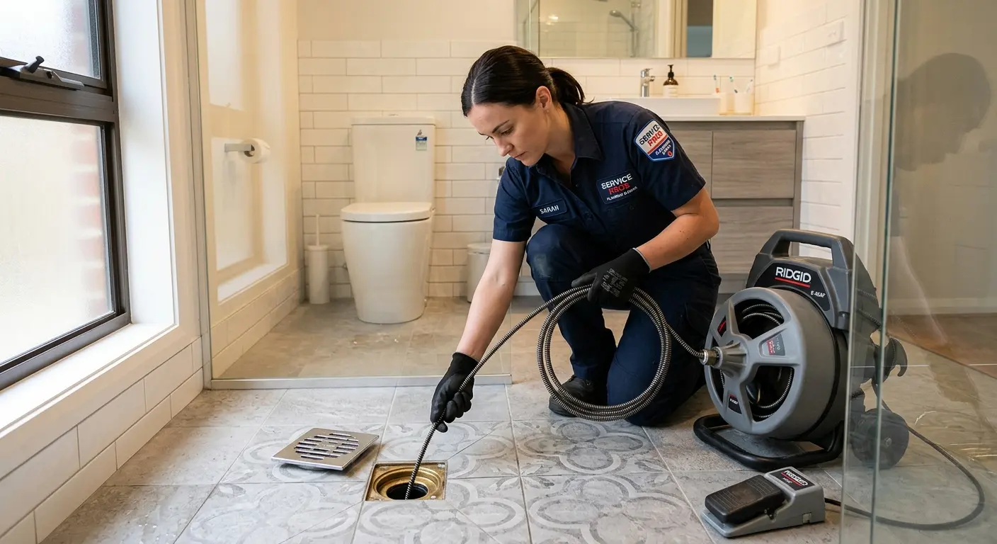 Technician clearing a bathroom floor drain for Sewer Line Installation in Ithaca